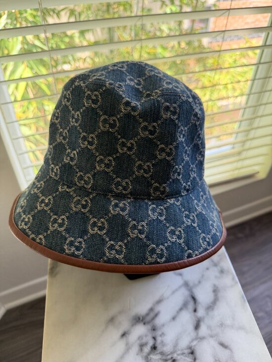 Gucci GG Monogram Blue Denim Bucket Hat — Brown Lambskin Leather Trim, Size M 58 main image 8